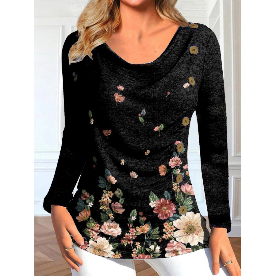 

Top Casual De Manga Larga Con Estampado Floral Retro Para Mujer