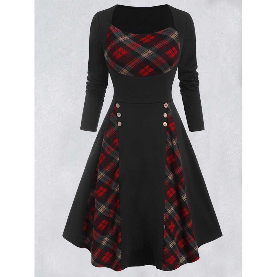 

Women's Vintage Plaid Patchwork Printed Waist Swing Dress