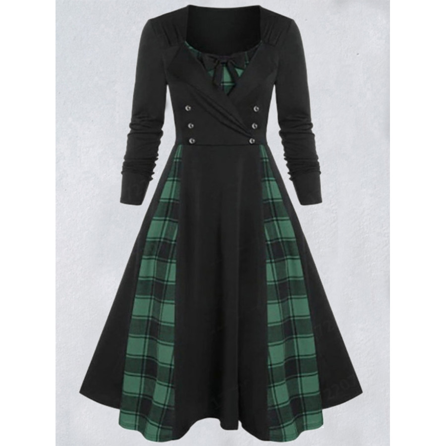 

Robe Slim à Carreaux Contrastés Rétro Pour Femmes Patchwork Double Boutonnage Manches Longues