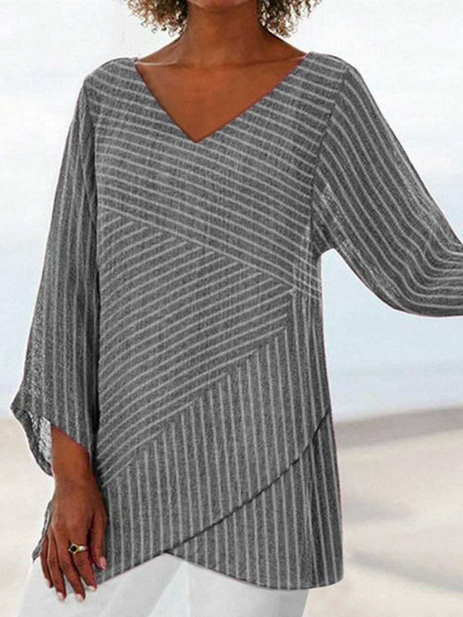 V-neck Casual Loose Striped Print Long Sleeve Blouse - Ninacloak.com