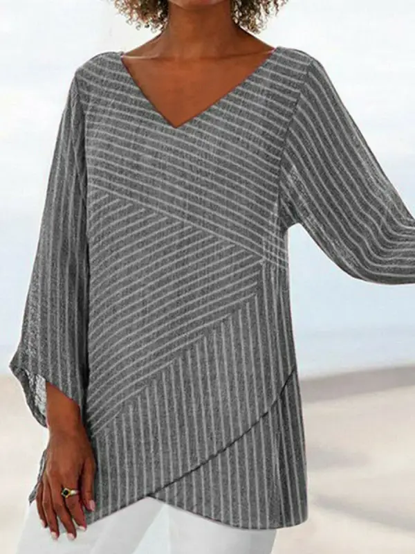 V-neck Casual Loose Striped Print Long Sleeve Blouse - Ninacloak.com 