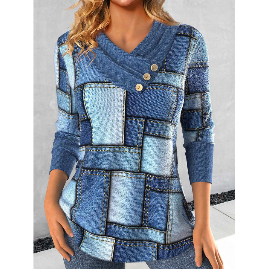 

Women's Retro Imitation Denim Printed Long Sleeve Top