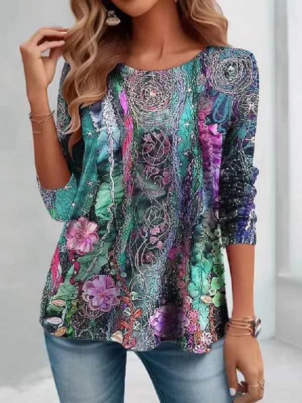Women's Retro Colorful Floral Print Round Neck Casual Long Sleeve Top - Ninacloak.com 