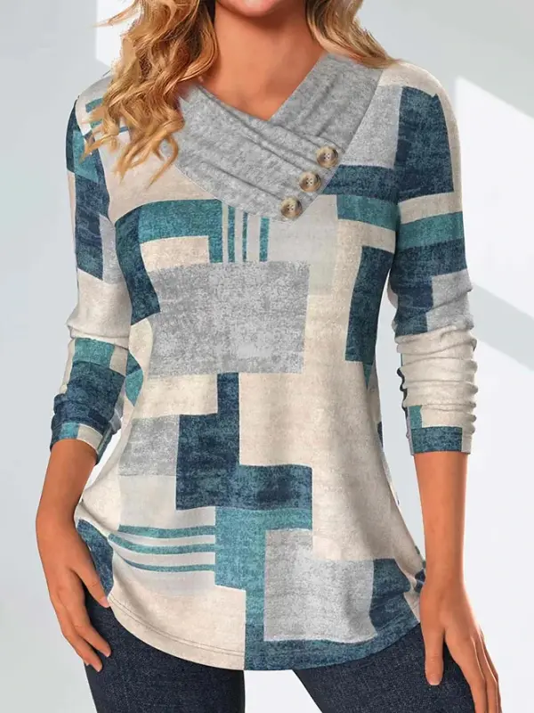 Women's Geometric Print Casual V-neck Long-sleeved Top - Ninacloak.com 