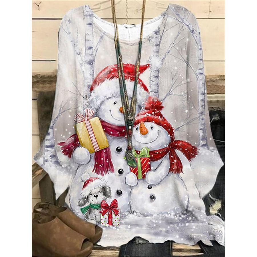 

Chemise Femme En Coton Et Lin Imprimé Bonhomme De Neige De Noël Rétro