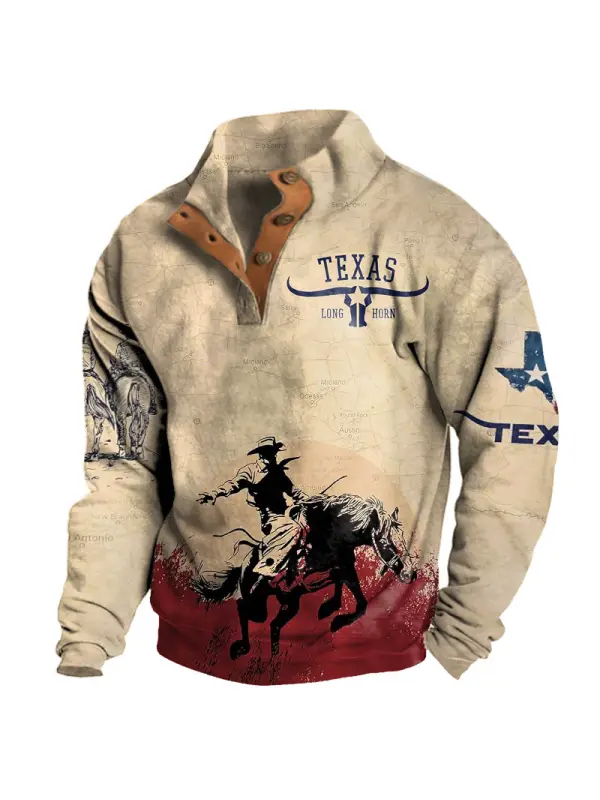 Men's Half Open Collar Sweatshirt Vintage Texas Cowboy Print - Ninacloak.com 