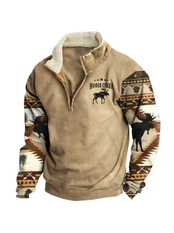 Men's Sweatshirt Retro Moose Creek Ethnic Print Plush Half Open Collar Pullover - Ninacloak.com 