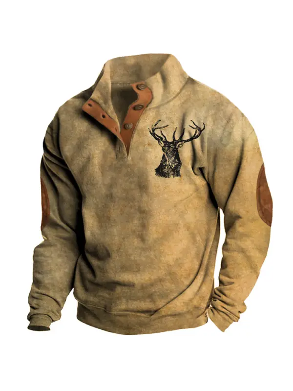 Men's Half Open Collar Sweatshirt Vintage American Deer Print - Ninacloak.com 