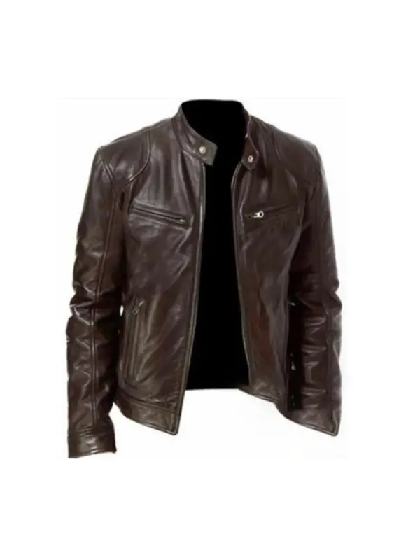 Mens Leather New PU Coat Stand Collar Leather Jacket - Ninacloak.com 