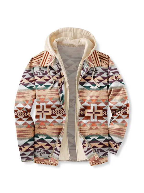 Men's Autumn & Winter Outdoor Casual Vintage Ethnic Print Hooded Jacket - Ninacloak.com 