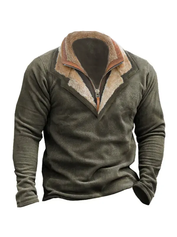 Men Vintage Fleece Henley Zip Polo Sweatshirt Double Layer Lapel Fur Leather Collar Tactical Pullover - Ninacloak.com 