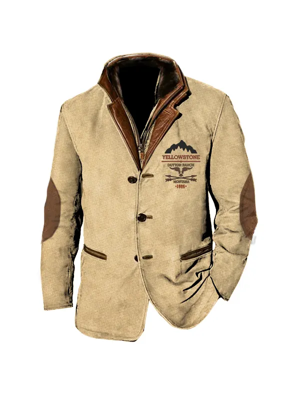 Men Vintage Yellowstone Cargo Blazer Jackets Double Layer Lapel Fur Leather Collar Medium Length Coats - Ninacloak.com 