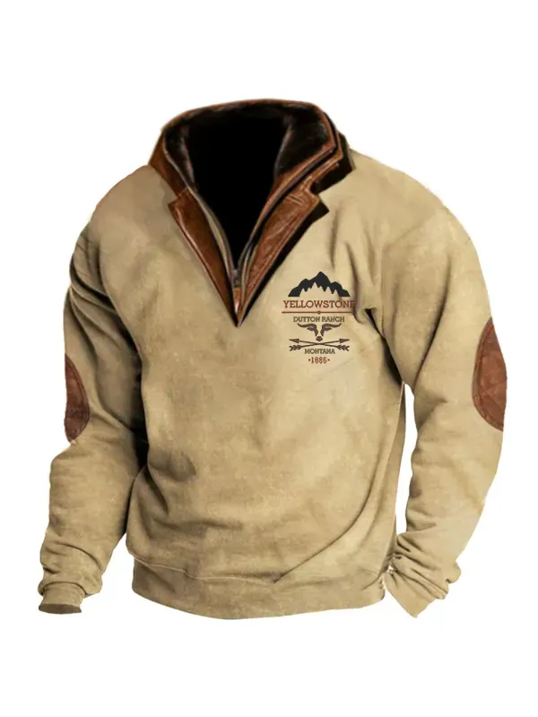 Men's Western Yellowstone Zip Stand Collar Polo Sweatshirt Double Layer Lapel Fur Leather Collar Tactics Pullover - Ninacloak.com 