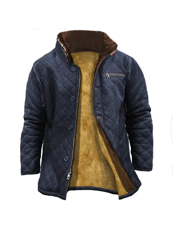 Men Vintage Quilted Leather Jacket Outdoor Zip Pocket Warmth Coat - Ninacloak.com 