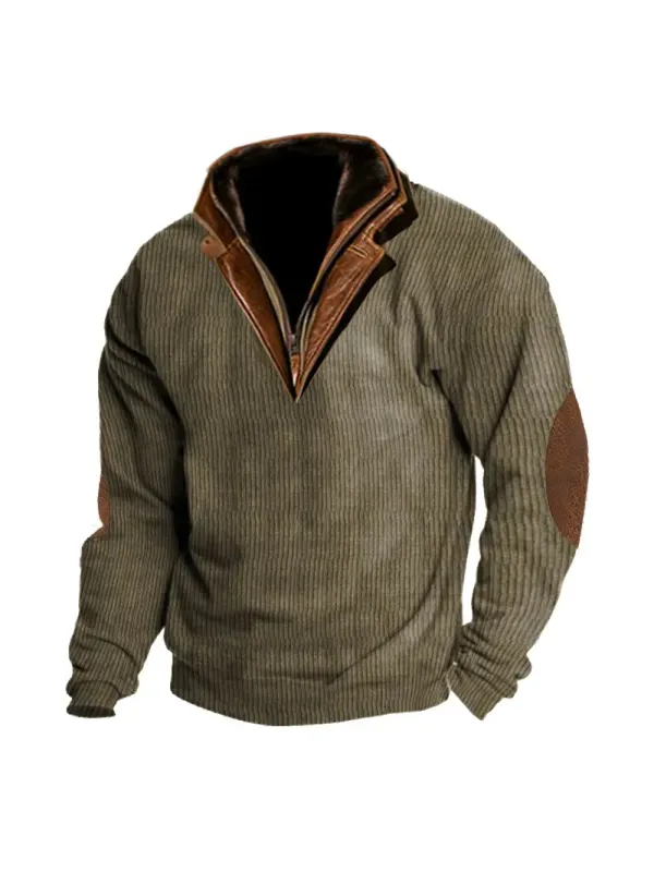 Men's Outdoor Casual Zip Polo Stand Collar Long Sleeve Sweatshirt Double Layer Lapel Fur Leather Collar Pullover - Ninacloak.com 