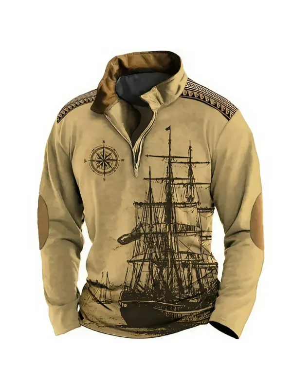 Men's Retro Nautical Sailing Compass Print Zipper Stand Collar Sweatshirt - Ninacloak.com 