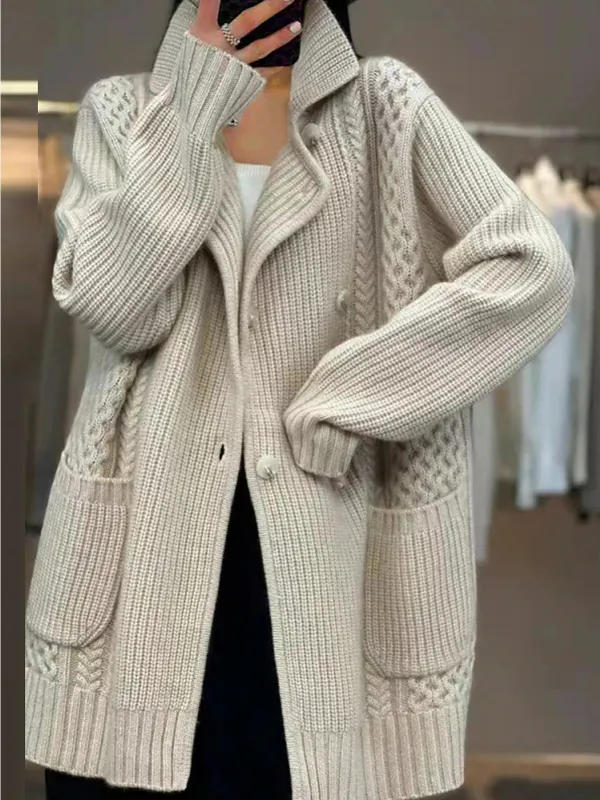 Women's Cardigan Sweater Ribbed Cable Knit Polyester Lace Up Patchwork Button Fall Winter Long Daily Coat - Ninacloak.com 