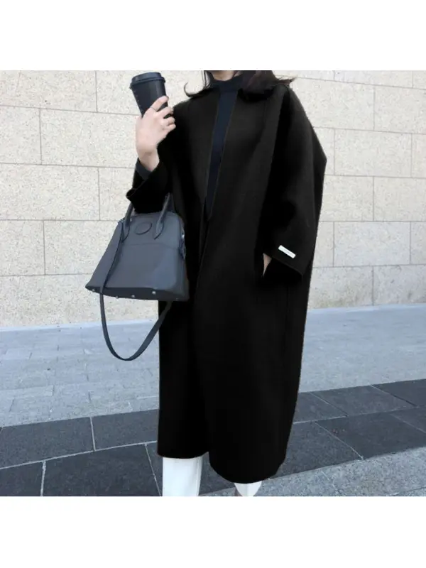 Women's Round Neck Elegant Coat Extra Long Solid Color Straight Woolen