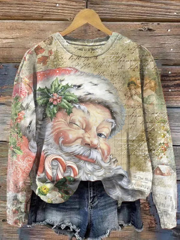 Women's Santa Claus Printed Round Neck Christmas Sweatshirt - Ninacloak.com 