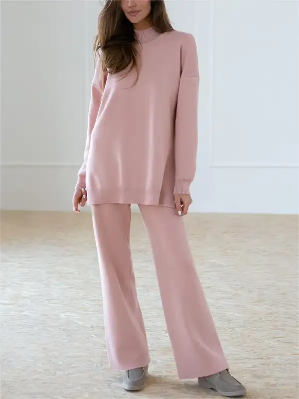 Women's Solid Color Knitted Turtleneck Slit Sweater Suit - Ninacloak.com 
