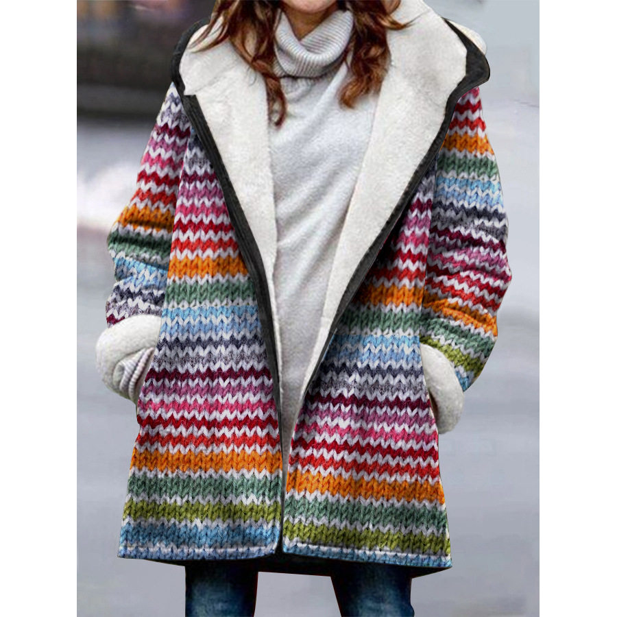 

Women's Colorful Striped Printed Casual Fleece Thickened Hooded Coat