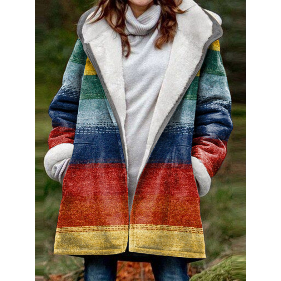 

Women's Colorful Striped Printed Casual Fleece Thickened Hooded Coat