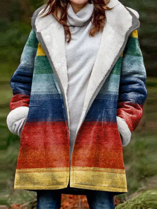 Women's Colorful Striped Printed Casual Fleece Thickened Hooded Coat - Ninacloak.com 