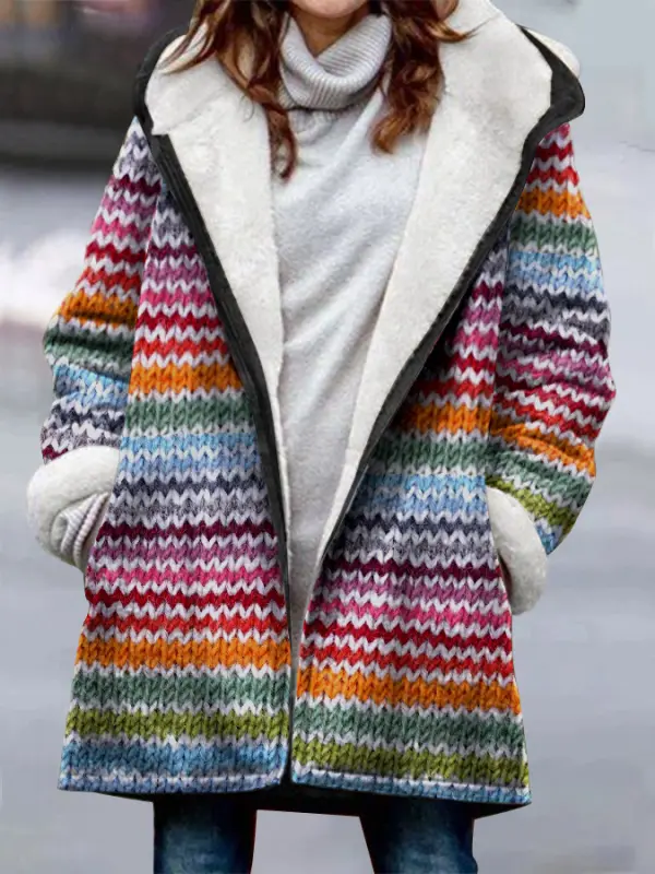Women's Colorful Striped Printed Casual Fleece Thickened Hooded Coat - Ninacloak.com 