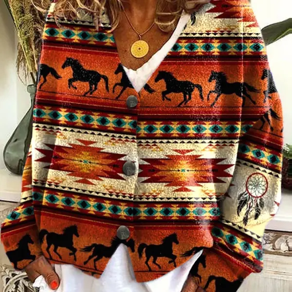 Women's Western Horse Dream Catcher Plush Cardigan - Cotosen.com