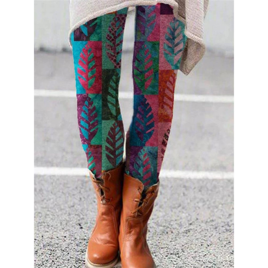 

Leggings Casuales Con Estampado De Hojas De Colores Para Mujer