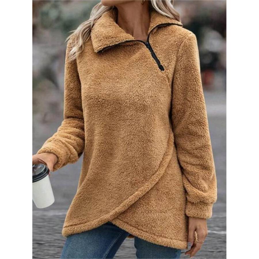 

Women's Solid Color Long Sleeve Zipper Lapel Fleece Sweatshirt