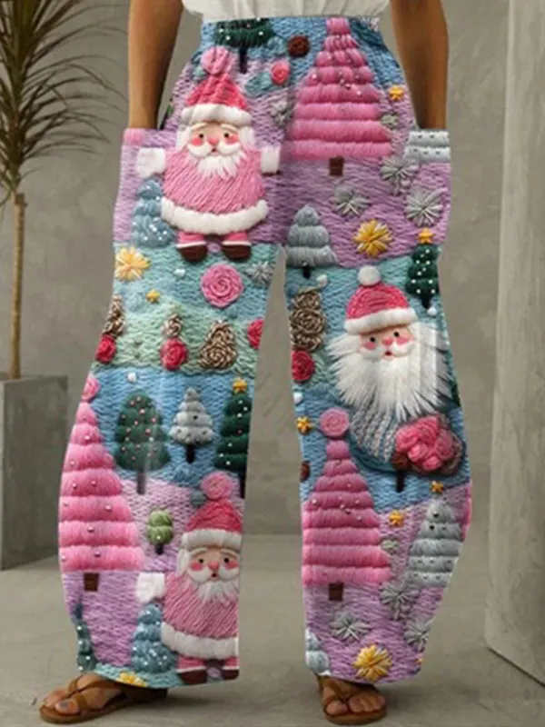 Women's Christmas Santa Print Loose Casual Wide Leg Pants - Ninacloak.com 