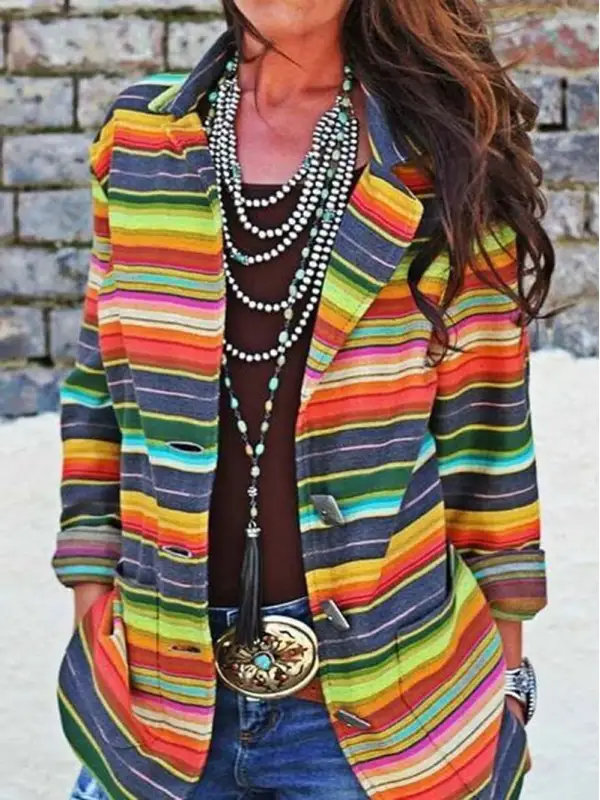 Women's Colorful Striped Printed Casual Blazer - Ninacloak.com 