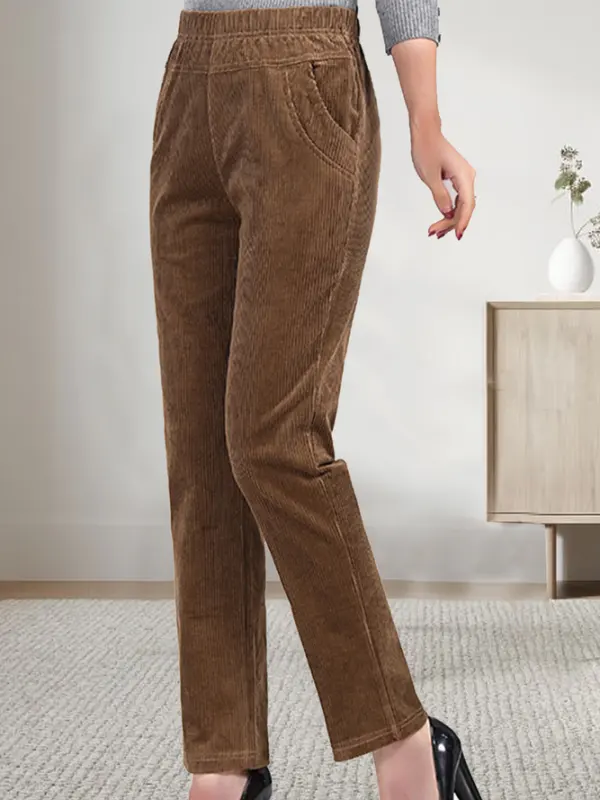 Women's Plain Corduroy Elastic Waist Pocket Loose Fleece Turnip Pants - Ninacloak.com 