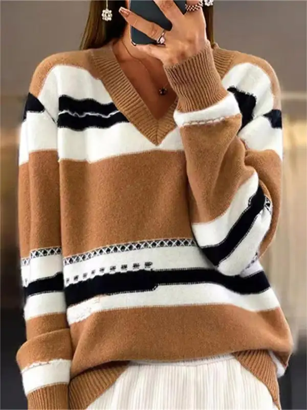 Women's V-neck Long-sleeved Sweater Retro Contrast Sweater - Ninacloak.com 