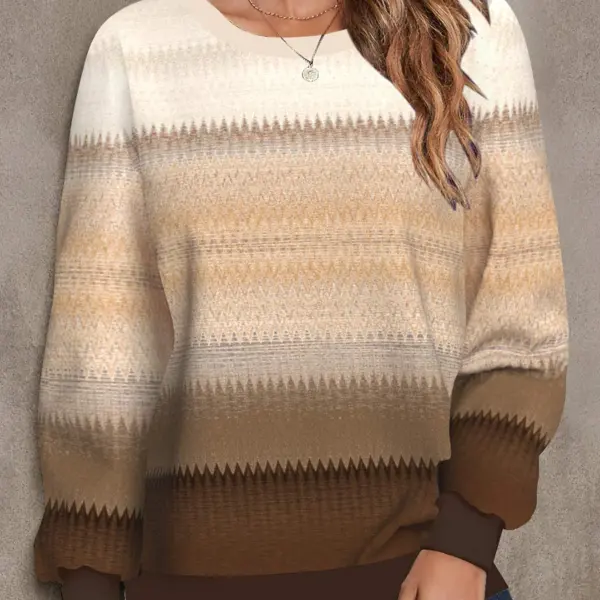 Women's Retro Imitation Sweater Gradient Print Christmas Holiday Round Neck Casual Sweatshirt - Cotosen.com