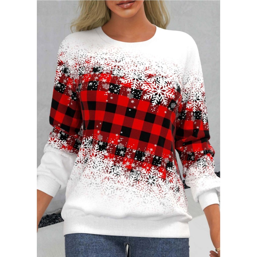 

Women's Retro Plaid Gradient Print Christmas Vacation Round Neck Casual Sweater