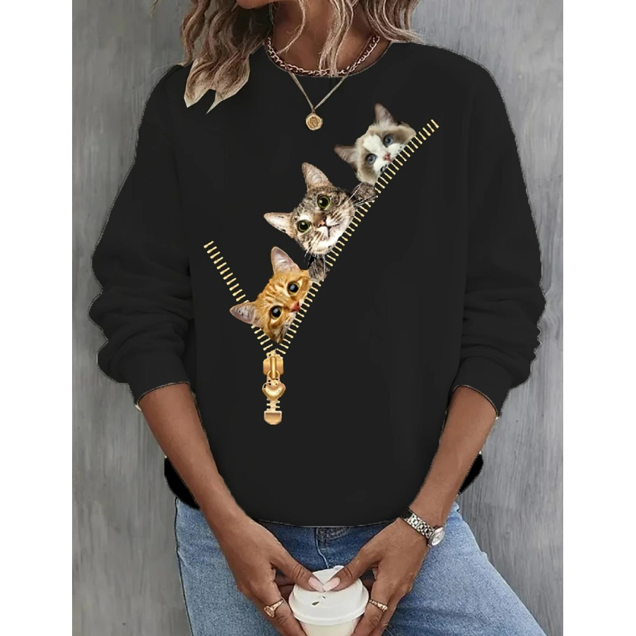 

Sweat-shirt à Manches Longues Et Col Rond Imprimé Chat Mignon 3D Pour Femme