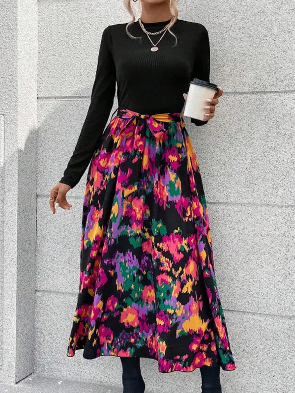 Women's Retro Floral Print Pleated Long-sleeved Maxi Dress - Ninacloak.com 