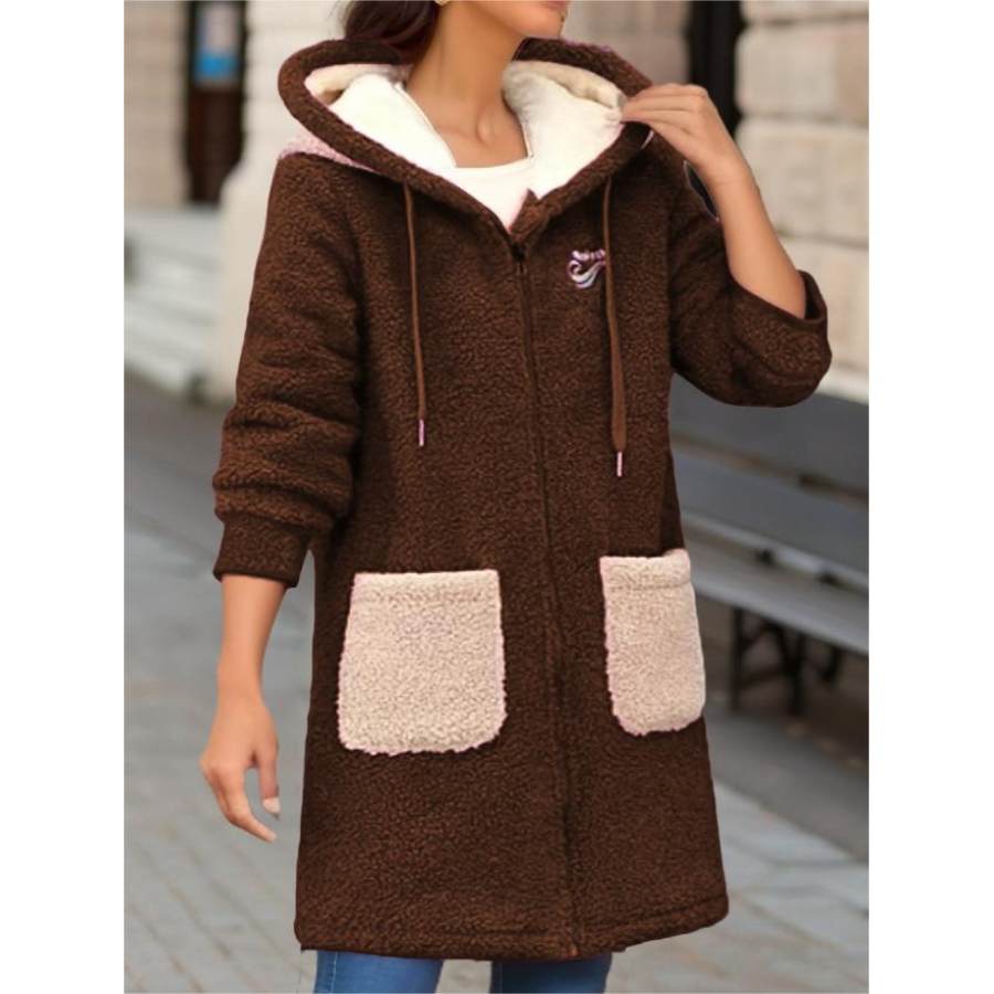 

Chaqueta Casual Con Capucha De Forro Polar Con Cremallera Y Bolsillo De Color En Contraste Para Mujer