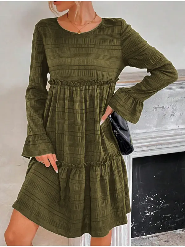 Women's Casual Solid Color Round Neck Long Sleeve Dress Loose Bottoming Dress - Ninacloak.com 