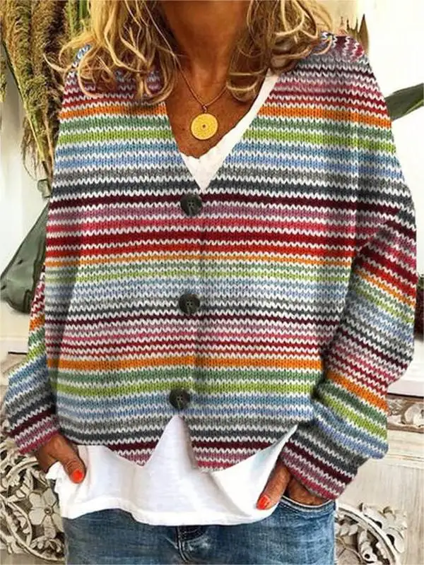 Women's Retro Colorful Striped Print V-Neck Long Sleeve Knitted Cardigan - Ninacloak.com 