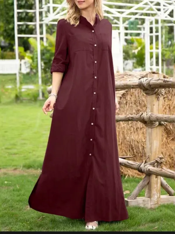 Women's Casual Solid Color Stand-up Collar Long-sleeved Elegant And Simple Loose Shirt Maxi Dress - Ninacloak.com 
