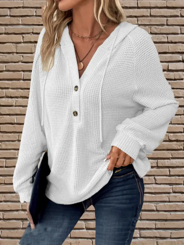 Women's Casual Waffle Button V-neck Hooded Long-sleeved Sweatshirt - Ninacloak.com 