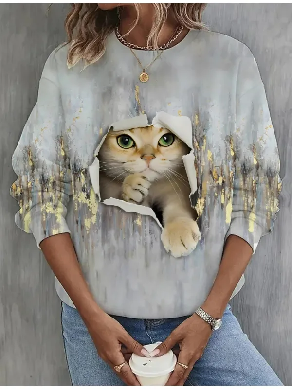 Women's Cute 3D Cat Print Casual Round Neck Sweatshirt Christmas Holiday Party Sweatshirt - Ninacloak.com 