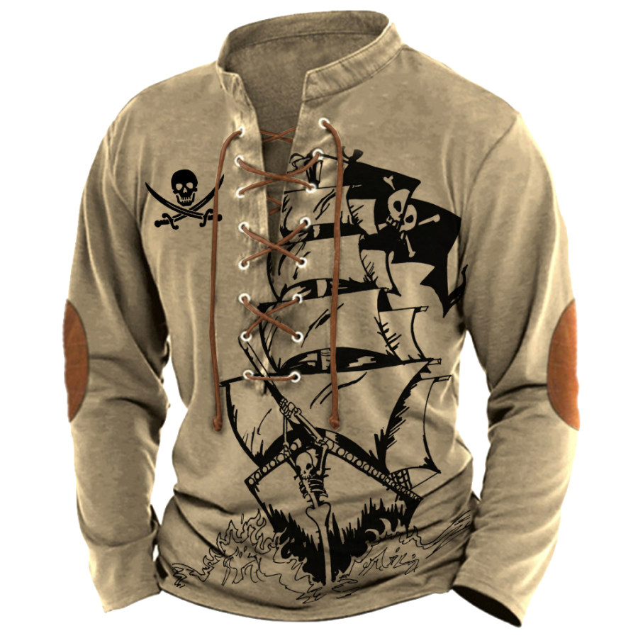 

Men's Vintage Nautical Pirate Print Strappy Henley Collar Long Sleeve Holiday Top Khaki