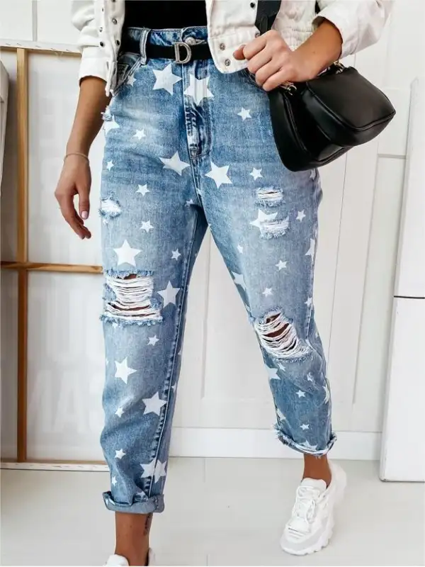 Women's Outdoor Casual Star Print Straight Denim Pants - Machoup.com 
