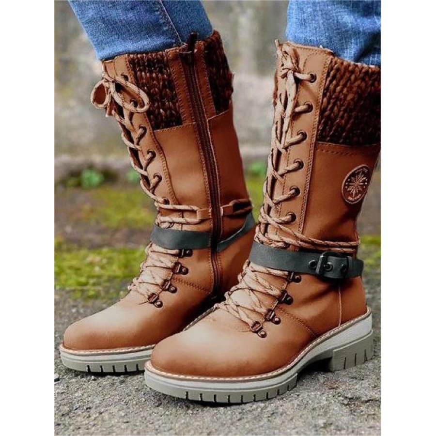 

Damen-Schneestiefel Im Outdoor-Stil Lässig Farbblock Mittelhohe Stiefel Mit Dickem Absatz