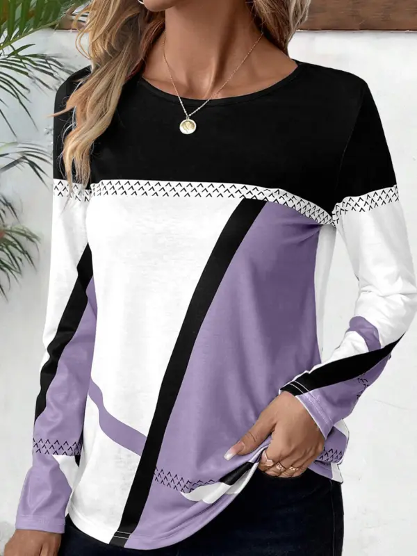 Women's Casual Geometric Color Block Casual Long Sleeve Top - Ninacloak.com 