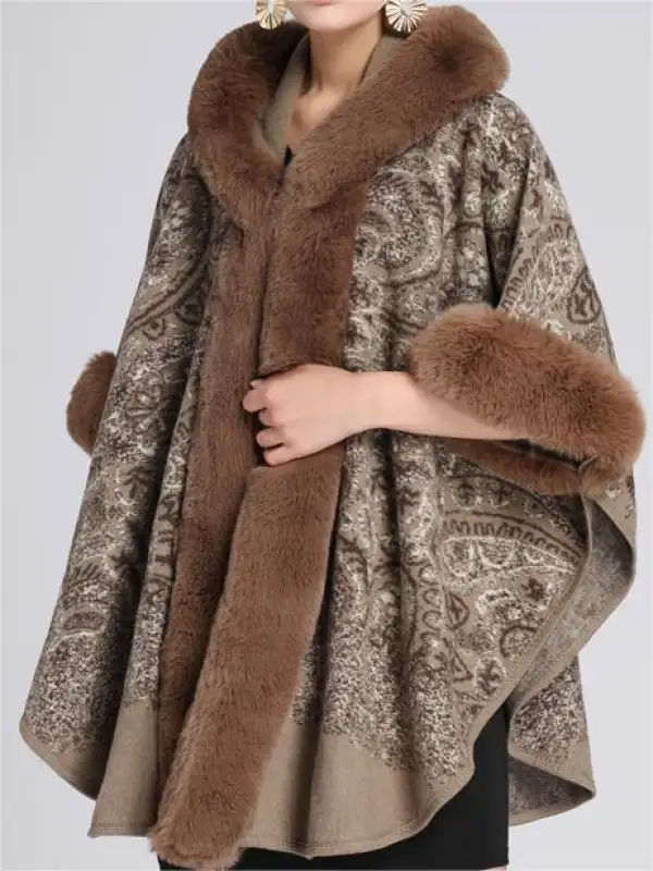 Women's Retro Printed Shawl Cape Loose Woolen Coat Cardigan - Ninacloak.com 